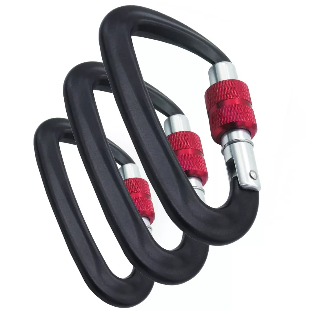 (3 Pack) Black / Red Locking Carabiner Aluminum Climbing Hook