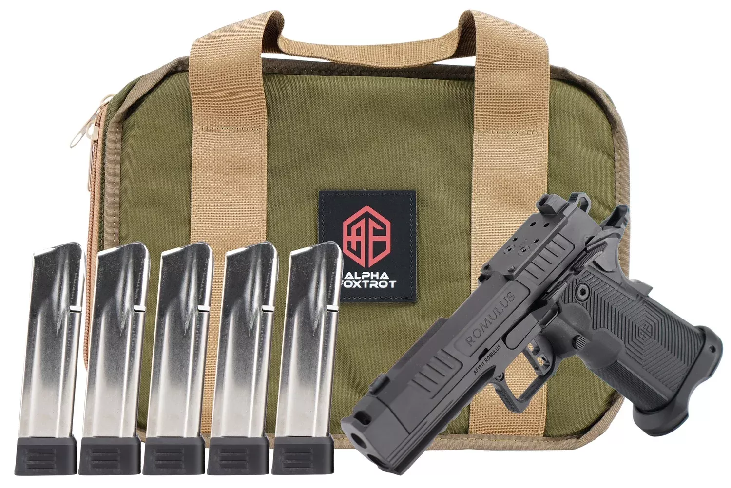 Alpha Foxtrot AA39X1QIG-XDBK20-PROM AF1911 Romulus Promo Compact Frame 9mm Luger 20+1 3.50" Black DLC Threaded Compensated Barrel, Black DLC Stainless Steel Optic Ready/Serrated Slide & Frame w/Beaver