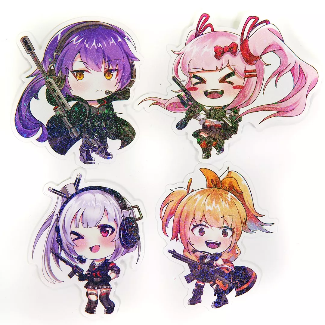 Anime Tactical Gun Girl Kawaii Waterproof Sticker Set Holographic Sparkle (4 Pack)