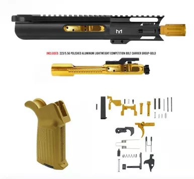 AR-15 5.56 NATO 5'' PISTOL - SLICK SLIDE FORGED UPPER WITH 4'' HANDGUARD - GOLD BCG - LOWER PARTS KIT - USA GRIP