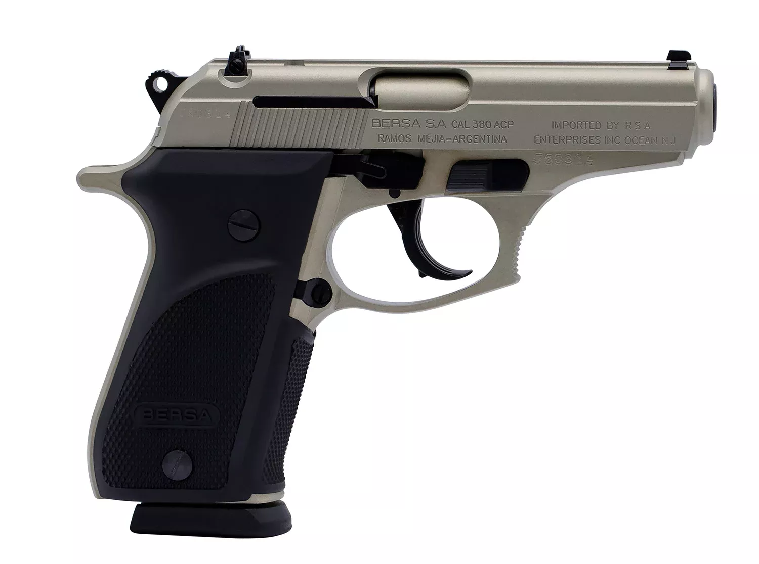 Bersa THUN380PNKL15 Thunder Plus Sub-Compact Frame 380 ACP 15+1, 3.50″ Nickel Steel Barrel, Nickel Cerakote Serrated Steel Slide, Nickel Cerakote Aluminum Frame w/Beavertail, Black Rubber Grip