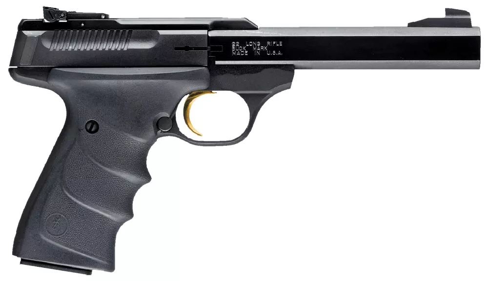 Browning 051407490 Buck Mark Standard *CA Compliant 22 LR 10+1 5.50″ Slab Side Barrel, Matte Black Serrated Steel Slide & Aluminum Frame, Black Overmolded Grips
