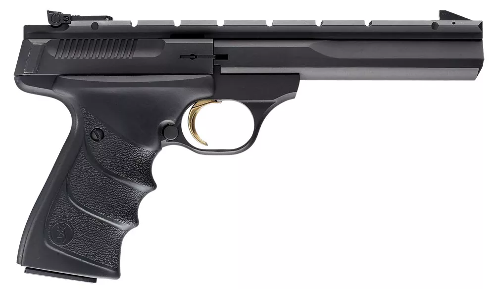 Browning 051421490 Buck Mark Contour *CA Compliant 22 LR 10+1 5.50″ Black Contoured Barrel, Matte Blued Aluminum Frame & Receiver w/Rail, Black Overmolded Grip, Right Hand