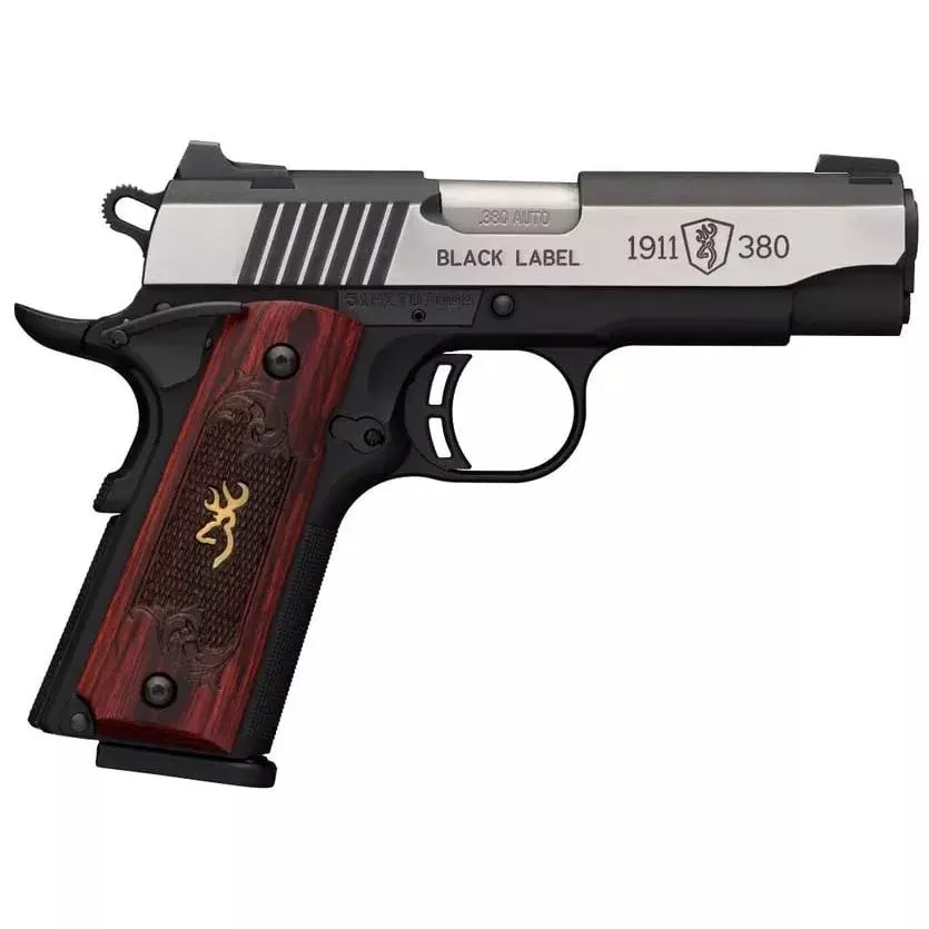 Browning 1911 380 Black Label Medallion Pro Handgun 380 ACP 8rd Magazine 3.625″ Barrel Black with Silver Slide and Wood Grip Night Sights Accessory Rail