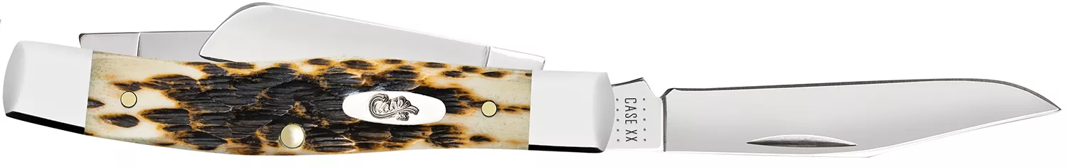 Case 00079 StockmanMedium 2.57″/1.88″/1.76″ Folding Clip/Sheepsfoot/Pen Plain Mirror Polished Chrome Vanadium Steel Blade/Peach Seed Jigged Amber Bone Handle