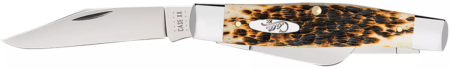 Case 00204 StockmanLarge 3.30″/2.30″/2.20″ Folding Clip Point/Pen/Sheepsfoot Plain Mirror Polished Carbon Steel Blade, Peach Seed Jigged Amber Bone Handle