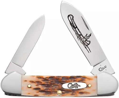 Case 00263 Canoe2.60″/1.97″ Folding Spear/Pen Plain Mirror Polished Chrome Vanadium Steel Blade/Peach Seed Jigged Amber Bone Handle