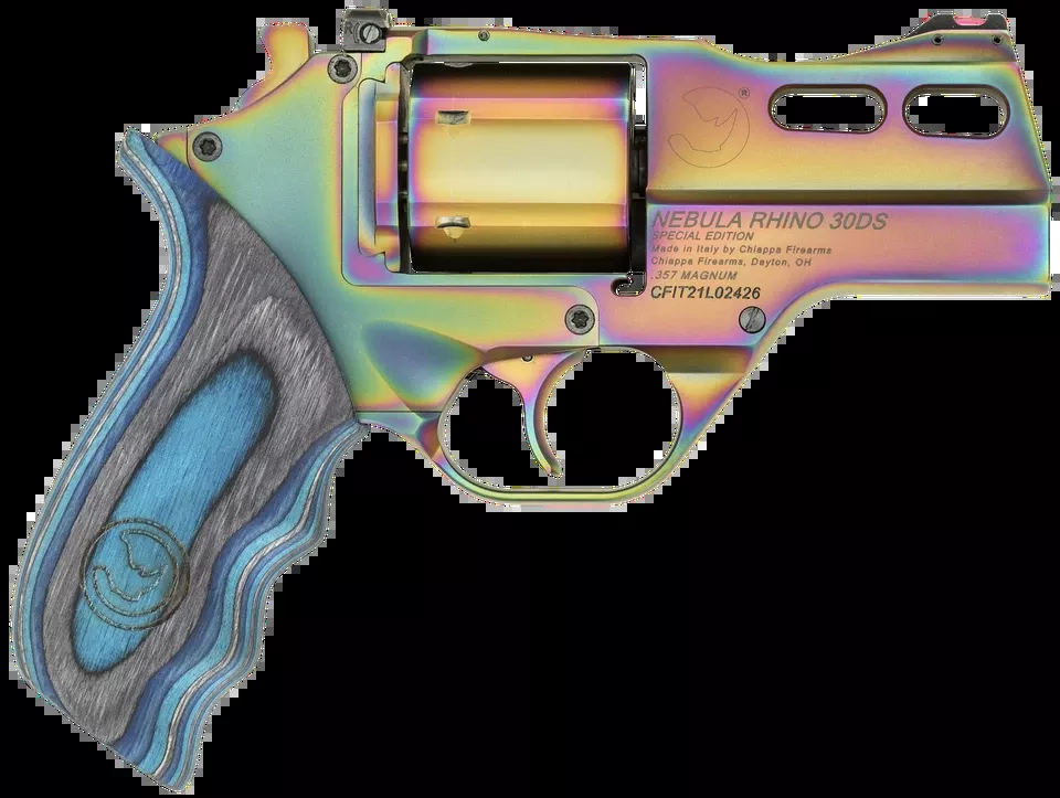 Chiappa Rhino 30DA Nebula .357 Mag 3" Revolver, CA Compliant, Rainbow PVD Finish, Blue Laminate Grip