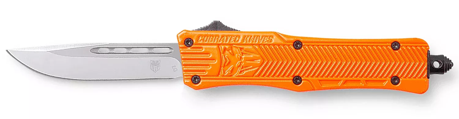 CobraTec Knives SORCTK1SDNS CTK-1Small 2.75" OTF Drop Point Plain D2 Steel Blade/Orange Aluminum Handle Features Glass Breaker Includes Pocket Clip