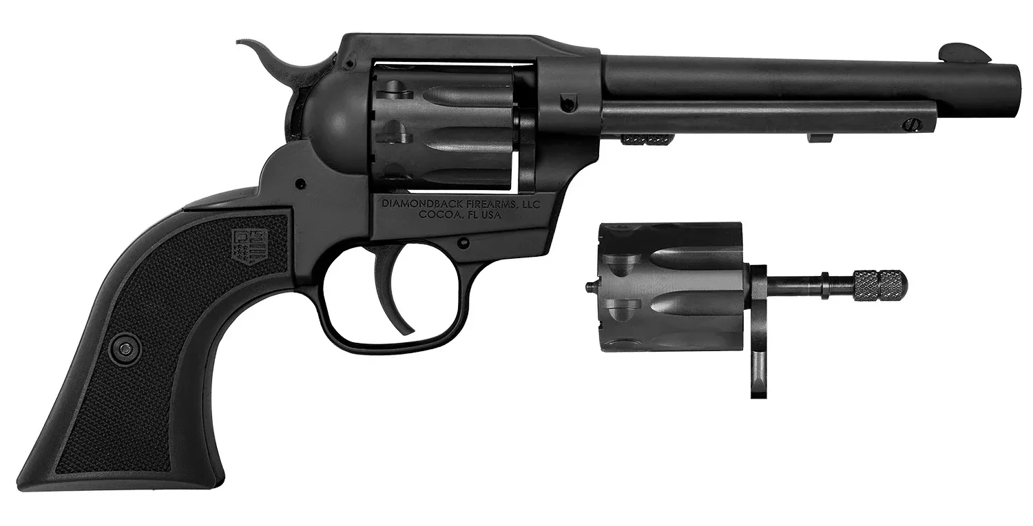 Diamondback DB053CA001 Sidekick22 LR/22 Mag 9 Shot, 5.50″ Black Cerakote Steel Barrel & Cylinder, Black Cerakote Zinc Alloy Frame, Black Checkered GFN Grip, Exposed Hammer, Hammer Safety