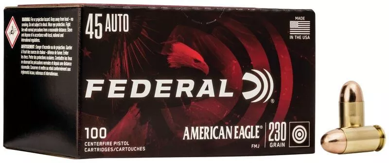 Federal AE45A100 American Eagle 45 ACP 230 gr Full Metal Jacket (FMJ) Handgun Ammo – 100 Rounds – AE45A100