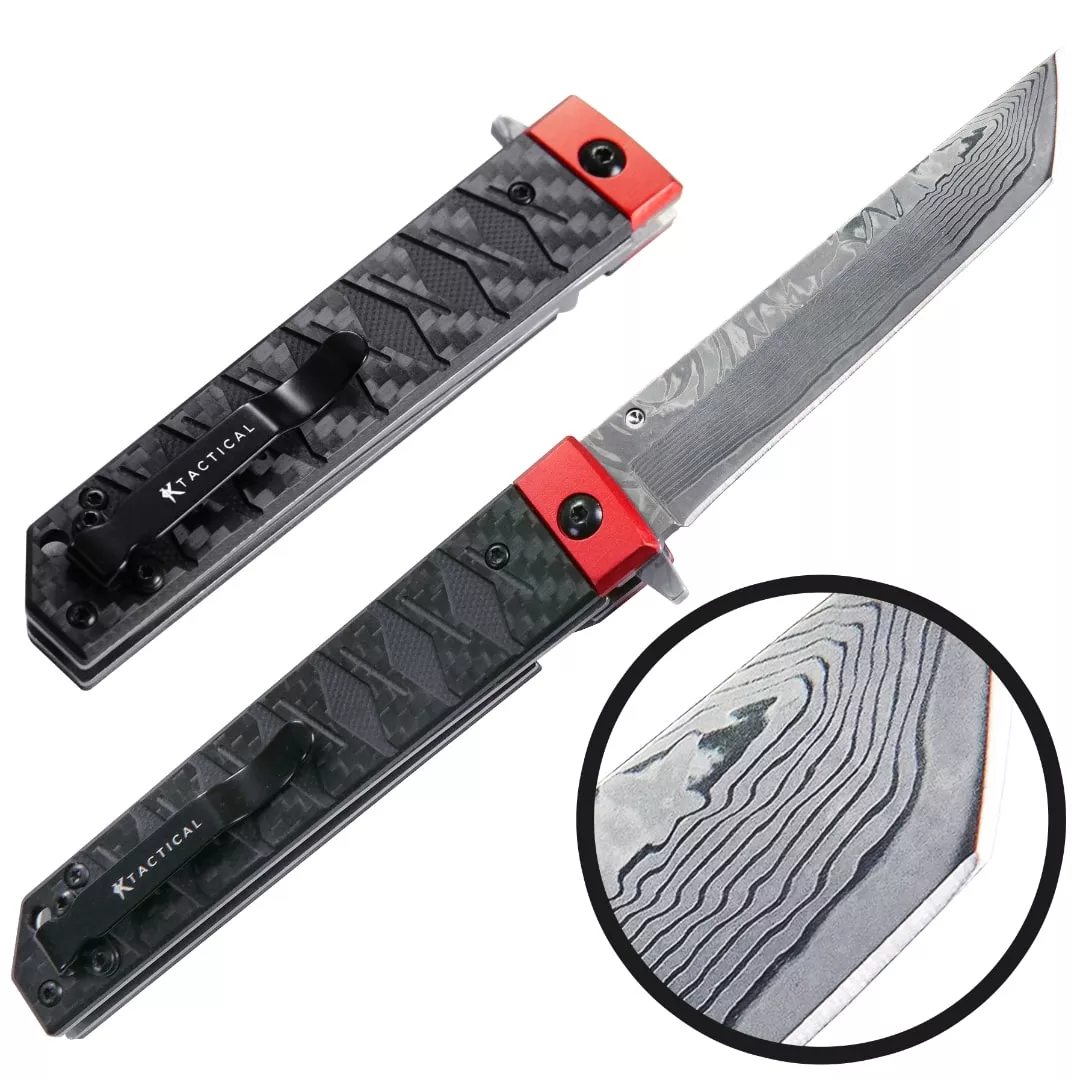 Folding Pocket Katana Damascus Samurai Japanese Carry Knife Carbon Fiber – Mod 2