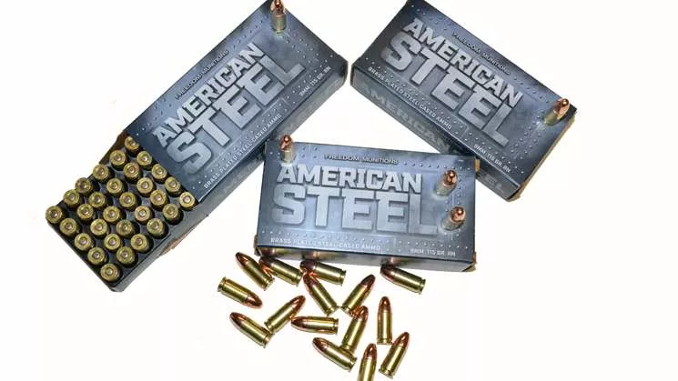 Freedom Munitions American Steel 147 Gr 9mm Luger Round Nose (RN) Ammo, 50 round Box