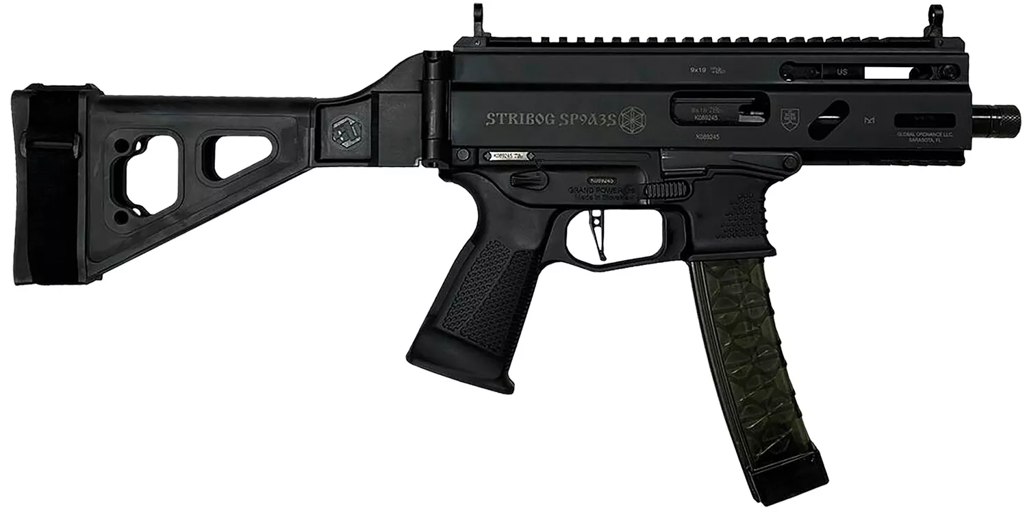 Grand Power 810091152836 Stribog SP9A35S 9mm Luger 30+1 8" Black Picatinny Rail Receiver, SB Tactical Brace, Black Polymer Grip