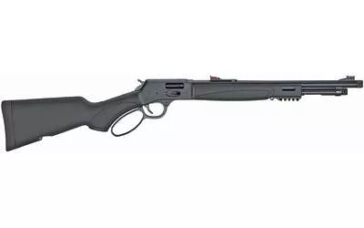 Henry Repeating Arms, Big Boy X Model, Lever Action, 357 Magnum/.38 SPL, 17.5″ Threaded Barrel, Blued Finish, Black Synthetic Stock, M-Lok, Large Loop Lever, Picatinny Rail, 7Rd, Brass Drilled and Tapped for a BB-RSM, Adjustable Fiber Optic Sights