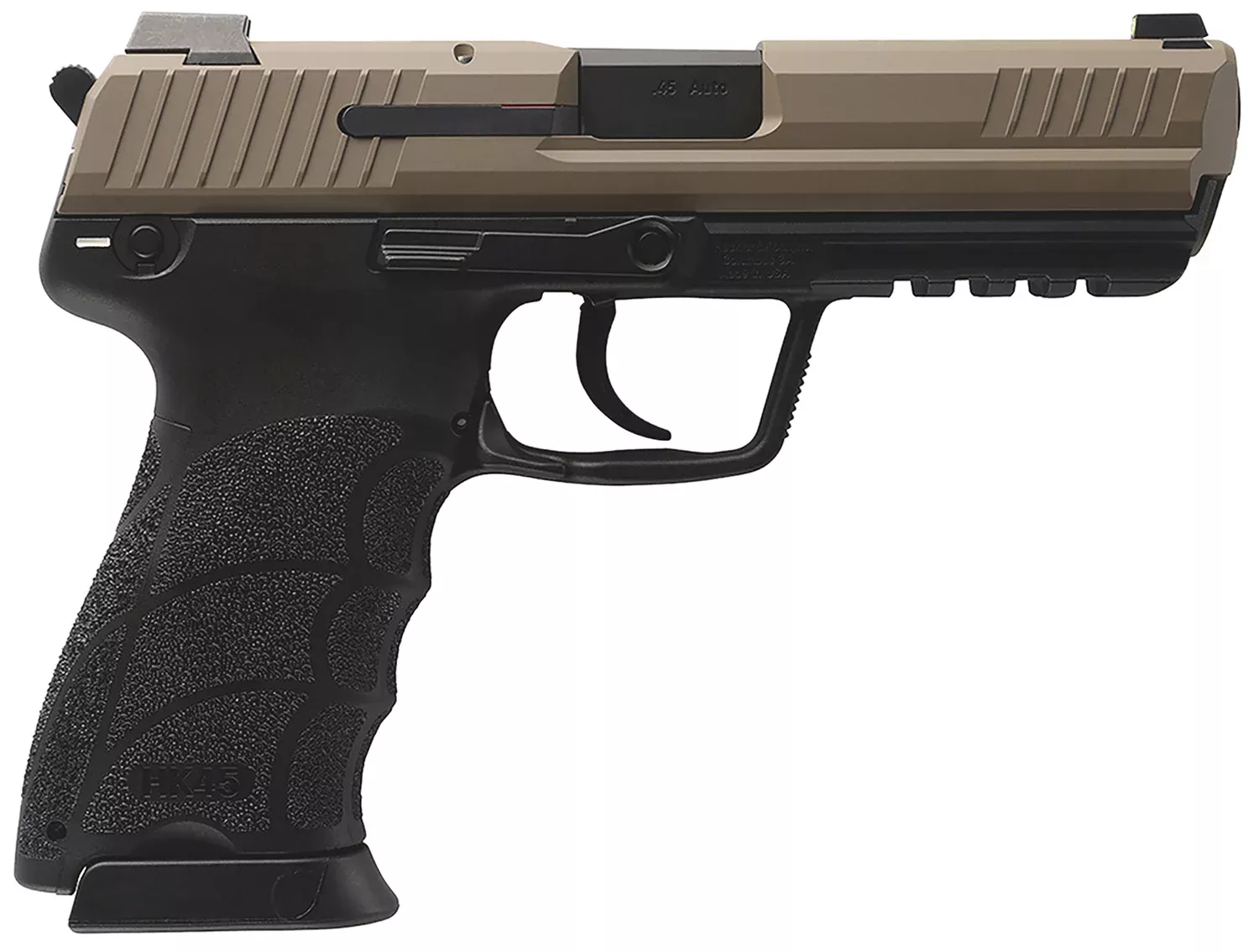 HK 81001208 HK45 V1 45 ACP 10+1 4.46" Black Polygonal Rifled Barrel, Flat Dark Earth Cerakote Serrated Steel Slide, Flat Dark Earth Polymer Frame w/Picatinny Rail, Ambidextrous