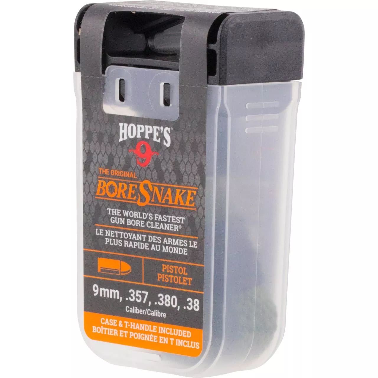 Hoppes BoreSnake Den with Case & T-Handle – Pistol & Revolver .9mm/.357/.380/.38 Caliber – 24002D
