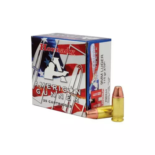 Hornady American Gunner Standard Velocity Centerfire Ammunition, 9mm Luger, Hornady XTP Hollow Point, 115 Grain – 25 Cartridge Box ( 25 / 1 )