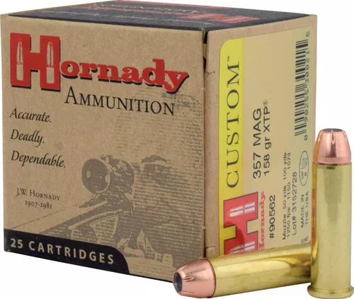 Hornady Custom High Velocity Centerfire Ammunition, 357 Magnum, Hornady XTP Hollow Point, 158 Grain – 25 Cartridge Box ( 25 / 1 )