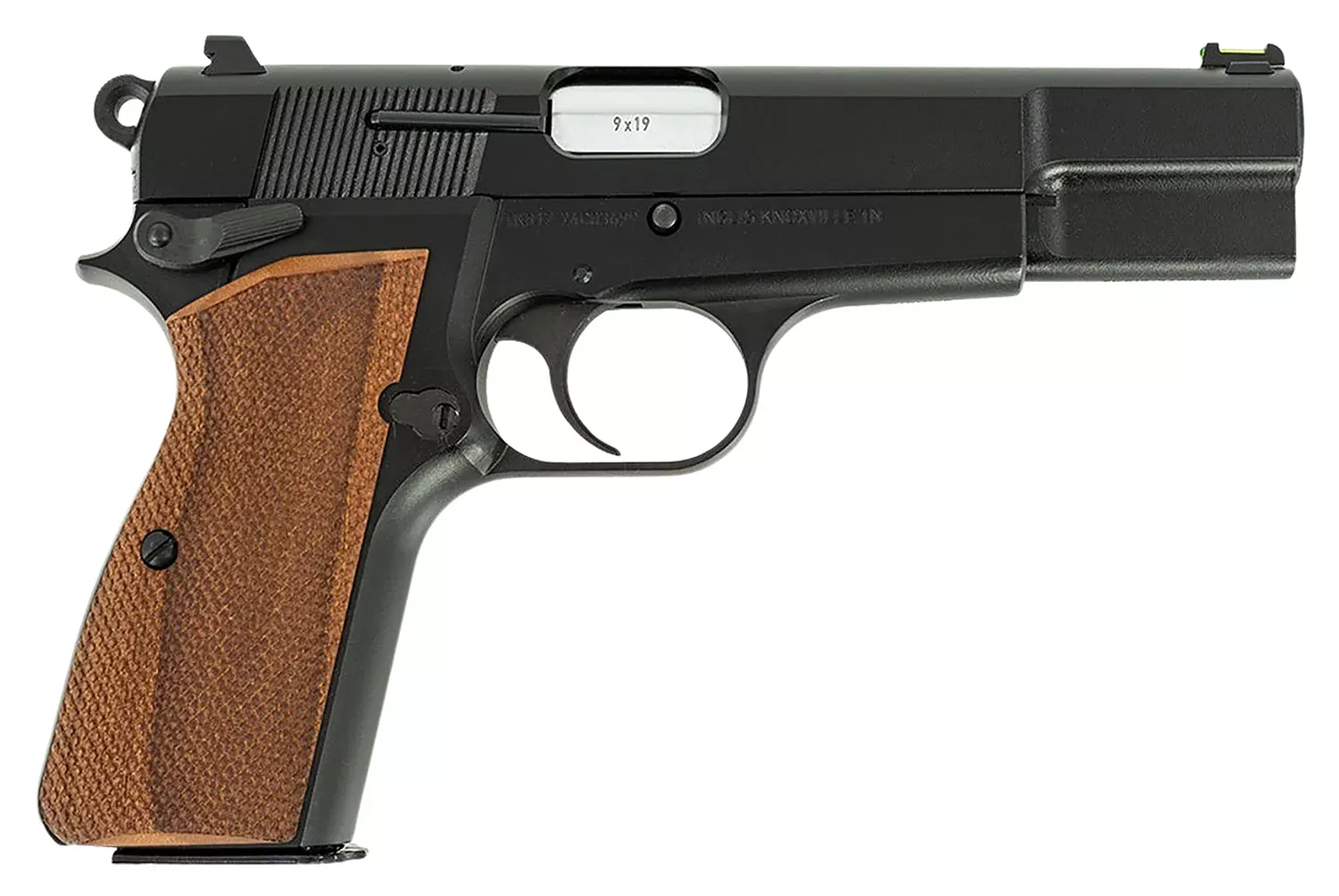 Inglis 12000009 P-35 Full Size Frame 9mm Luger 15+1 4.70″ Hard Chrome Plated Button Rifled Barrel, Black Cerakote Steel Serrated Slide, Black Cerakote Steel Frame, Walnut Checkered Grip