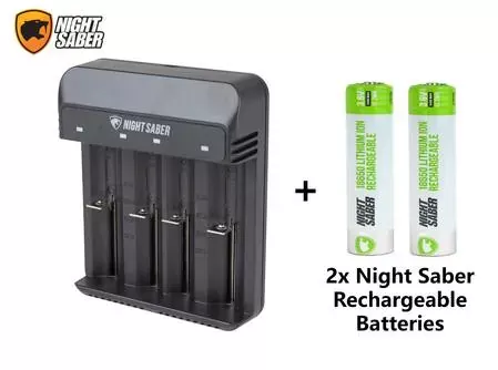 Night Saber G4 4-Cell Portable Battery Charger + 2x Night Saber Rechargeable 18650 Batteries