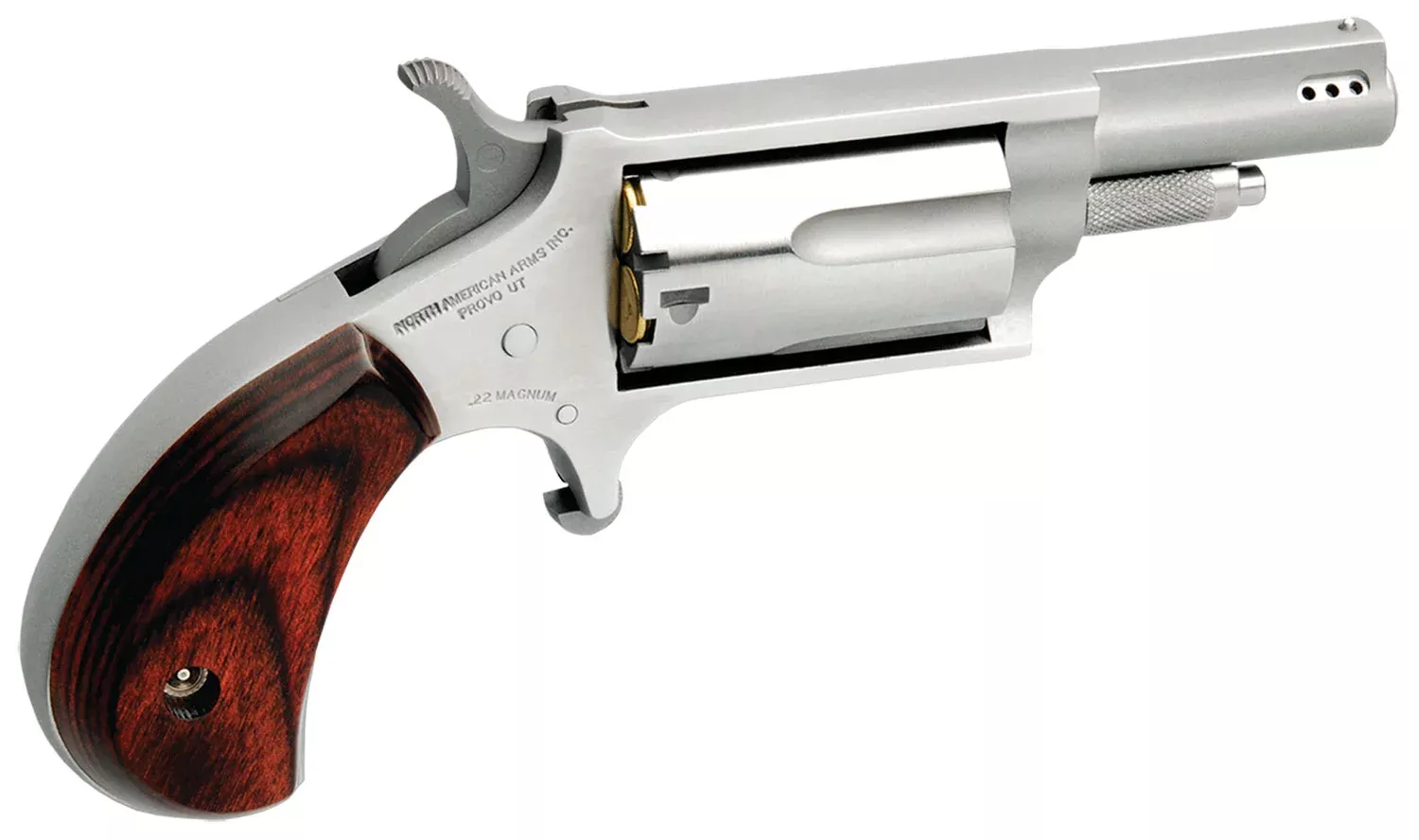 North American Arms 22MP Mini-Revolver22 WMR 5 Shot 1.63″ Stainless Steel Ported Barrel, Stainless Steel Frame & Cylinder, Rosewood Birdshead Grip, Exposed Hammer