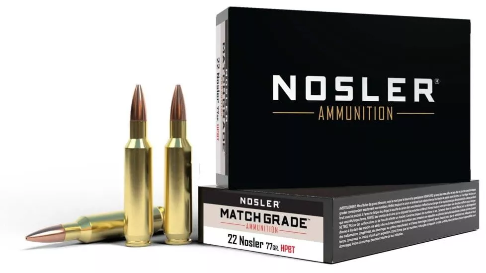 Nosler 60016 Match Grade 22 Nosler 77 gr 2950 fps Custom Competition Hollow Point Boat-Tail (CCHPBT) Rifle Ammo – 20 Rounds – 30228
