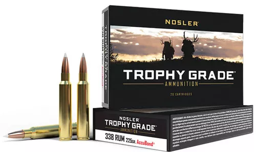 Nosler Trophy Grade Hyper Velocity Centerfire Ammunition, 338 RUM, Nosler AccuBond, 225 Grain – 20 Cartridge Box ( 20 / 1 )