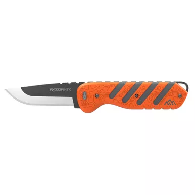 Outdoor Edge Razor HTX, Folding Knife, Plain Edge, 3.5" Blade Length, Includes (5) Drop Point Blades, (1) Gutting Blade, (1) Saw Blade Pod, Matte Finish, Orange and Gray Rubberized Aluminum Handle HTX35Y-6C
