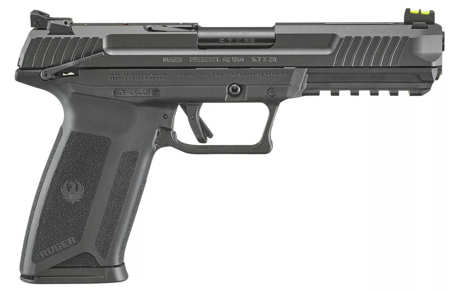 Ruger 16401 Ruger-5.75.7x28mm 4.94″ Barrel 20+1, Black Polymer Frame With Picatinny Acc. Rail, Drilled & Tapped Lightening Cut Steel Slide, Ambidextrous Safety, Optics Ready