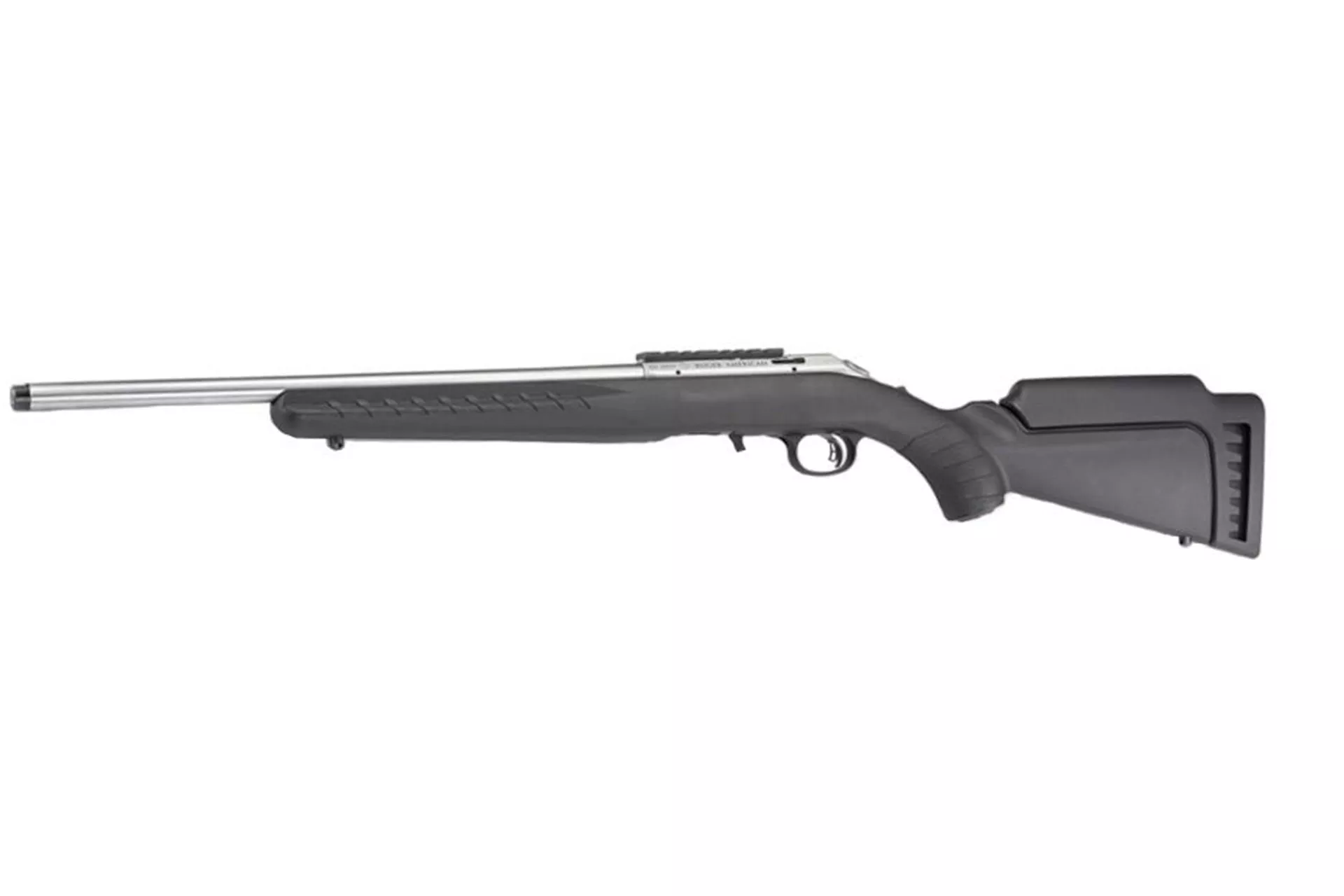 Ruger American Rimfire Bolt 17HMR 9rd 18″ Stainless Threaded Barrel 1/2″ x 28 Thread Pitch Black Composite Stock Scope Base – 038217