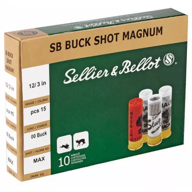 Sellier & Bellot Shotshell, 12 Gauge, 3", 00 Buck, 15 Pellets, 10 Round Box SB12BSA