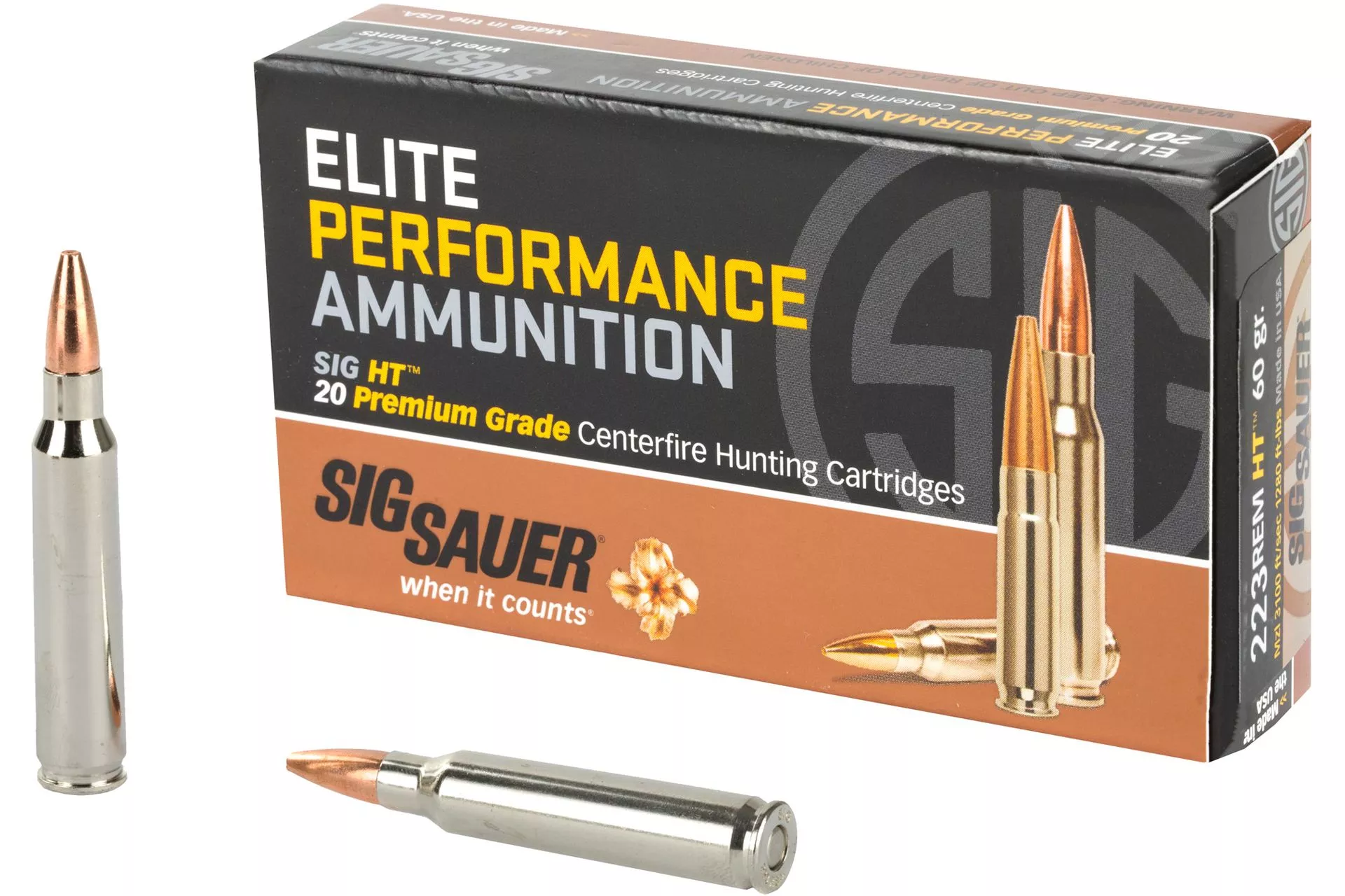 Sig Sauer E223H120 Elite Copper Hunting 223 Rem 60 gr Jacketed Hollow Point (JHP) Rifle Ammo – 20 Rounds – E223H1-20