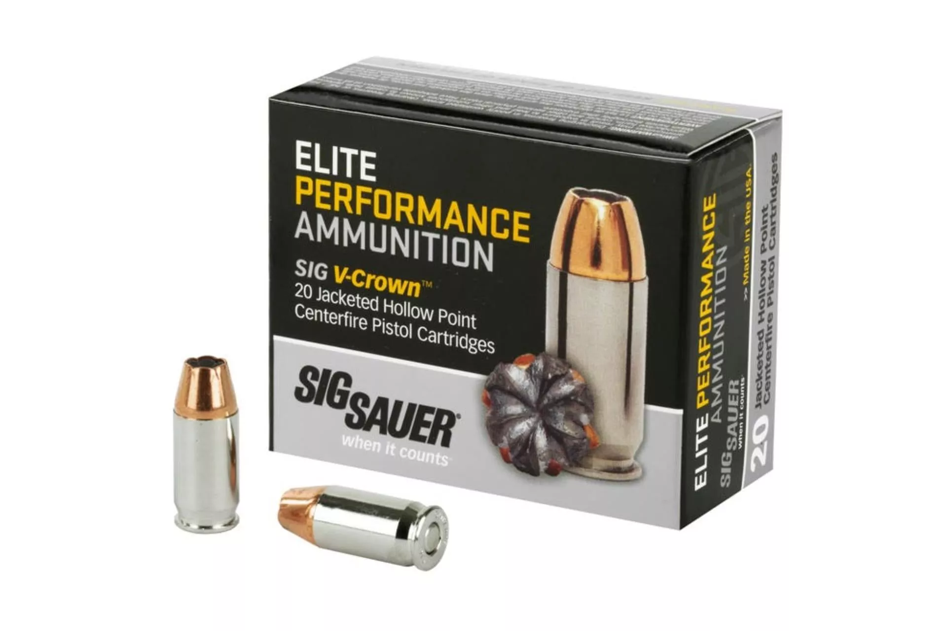 Sig Sauer E380A1-20 Elite Performance V-Crown Ammunition 380ACP 90 Grain Jacketed Hollow Point Handgun Ammo – 200 Rounds – E380A1-20