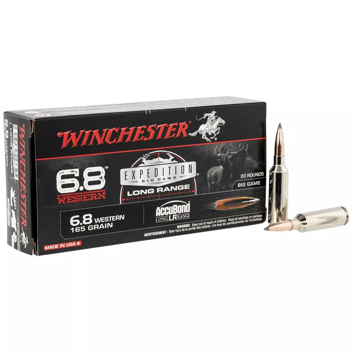 Winchester Ammo S68WLR Expedition Big Game 6.8 Western 165 gr Nosler AccuBond Long-Range Rifle Ammo – 20 Rounds – S68WLR