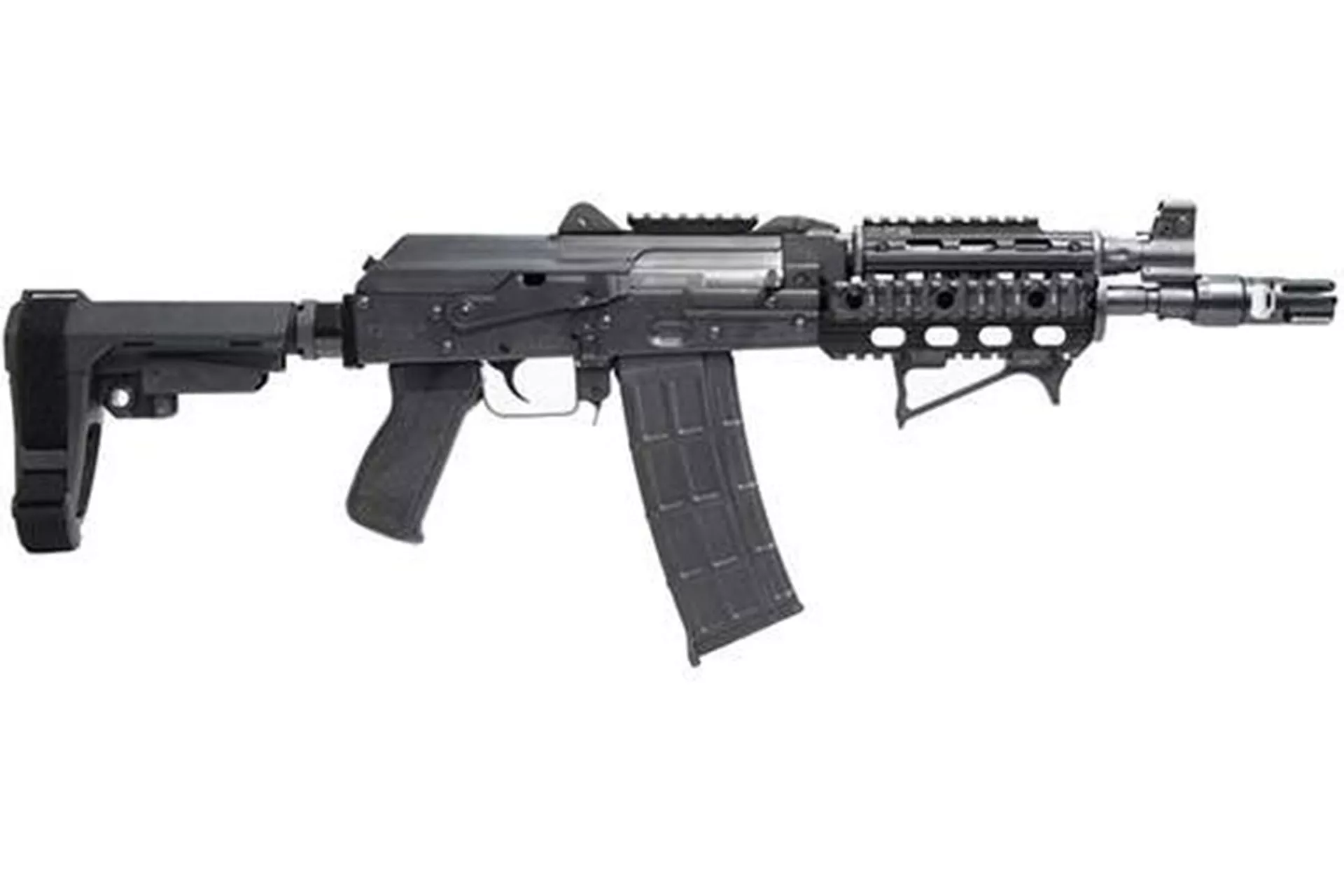 Zastava Zpap85 Ak Pistol 10″ 5.56 30rd Semi Auto With Night Brake Quad Rail Top Rail Rear Rail SB3 Brace Included Angled Foregrip – ZP85556TAC